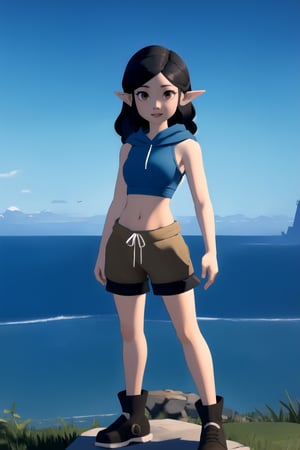 centered, 3d, 3d model, n64style, ocarinaoftime, majorasmask, masterpiece, face portrait, | young adult woman, | blue crop top hoodie navel length, lowleg shorts, snicker, | market, outdoors, city, | black hair, wavy hair, (dark brown eyes), | so-hyun.lvl2