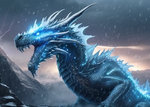realistic, Ice Dragon, desolate, intricately detailed, artistic lightning, particles, beautiful, amazing, highly detailed, digital art, sharp focus, trending on art station,