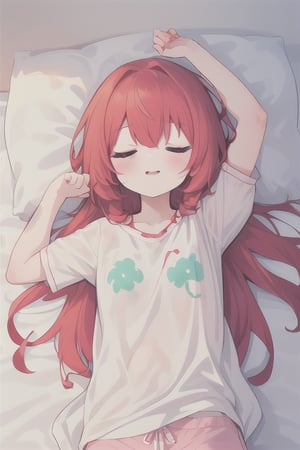 1girl, sleepeace, pajama, arms up, on back, red_hair, long_hair, mooning, messy hair, sunlight, backlighting, (ultra_detailed:1.2)