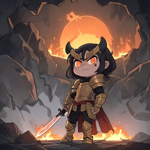 masterpiece, best quality, 1boy, hell, lava, molten rock, cave, dark, glowing, fire,ADDCOMMcowboy shot, looking at viewer, warrior, serious, armor, sword, weapon over shoulder, ADDCOL