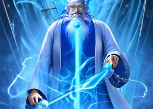 a crazy old scientist with a long white beard holding a blue light, still from a fantasy movie, cg artist, the electric boy, by Adam Paquette, inspired by Rube Goldberg, brandishing cosmic weapon, 3 - d 8 k, juno promotional image, sad wizard, asian old skinny scientist with a big beard and beard, by Peter Mohrbacher