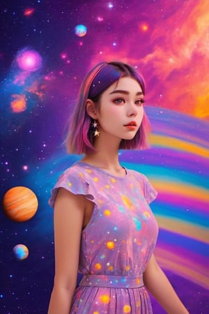 a detailed photo of a pretty girl with cosmic stars in her and colorfull cosmic back ground,Monster,pturbo,aw0k euphoric style