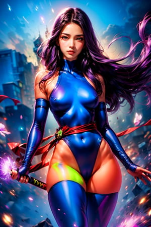 ((1girl, solo), psylocke), long hair, (ombre, (purple to violet ombre hair)), windswept hair, violet eyes, closed mouth, red lips, bare shoulders, arm strap, elbow gloves, ((partly fingerless gloves), blue gloves), black nails, leotard, (blue leotard, red sash), sash, thighs, thigh highs, (blue tight highs), energy sword, purple aura, falling petals, sci-fi, 1 girl, psylocke,1 girl,psylocke,