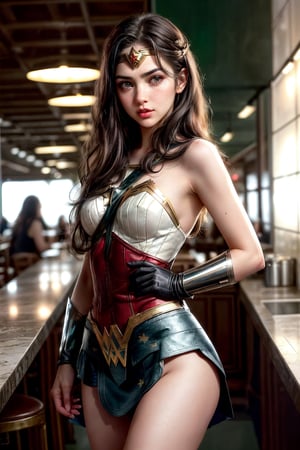 an awarded photo ,wonder woman, 1girl, greek beauty, small nose, delicate freckles, alabaster white skin, big green eyes, black brows, black long wawing hairstyle, red highlights, posing, time magazine, in modern cafe, dynamic pose, cinematic lights, cowboy shot, Bokeh, deep of field,