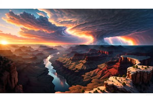(masterpiece:1.4, best quality), (intricate details), unity 8k wallpaper, vast and enchanting fantasy world, 3D, aerial view of massive supercell thunderstorm, grand canyon, tornado, storm, landscape, highly detailed, illustration, low light, clouds, sunset, epic, detailed, texture, high resolution, realistic, fantasy art by Michael Whelan