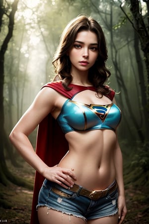 high quality fingers, normal hands, detailed fingers,masterpiece, (realistic, photo-realistic:1.37),Supergirl stands alone in the middle of an ancient, misty forest, her costume soaked through from the rain. The canopy of trees overhead provides a natural, casting dappled shadows on the heroine's determined face. ((The style mimics Olivia De Berardinis, with focus on anatomy, backgrounds, and lighting)), photography, golden hour.,photorealistic,analog,realism,realistic,raw,woman,portrait,looking at viewer, stunningly beautiful woman, detailed hairstyle, detailed background,shorts