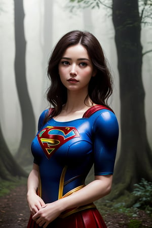 Supergirl stands alone in the middle of an ancient, misty forest, her costume soaked through from the rain. The canopy of trees overhead provides a natural umbrella, casting dappled shadows on the heroine's determined face. ((The style mimics Olivia De Berardinis, with focus on anatomy, backgrounds, and lighting)), photography, golden hour.,photorealistic,analog,realism,realistic,raw,woman,portrait