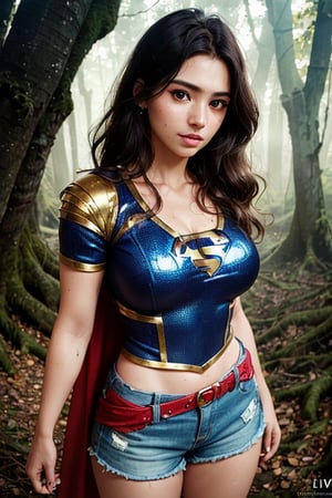 high quality fingers, normal hands, detailed fingers,masterpiece, (realistic, photo-realistic:1.37),Supergirl stands alone in the middle of an ancient, misty forest, her costume soaked through from the rain. The canopy of trees overhead provides a natural, casting dappled shadows on the heroine's determined face. ((The style mimics Olivia De Berardinis, with focus on anatomy, backgrounds, and lighting)), photography, golden hour.,photorealistic,analog,realism,realistic,raw,woman,portrait,looking at viewer, stunningly beautiful woman, detailed hairstyle, detailed background,shorts,top_view_perspective,[:(detailed face:1.2):0.2]