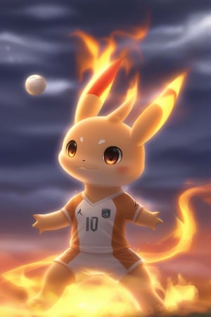 solo, standing, outdoors, sky, cloud, signature, blurry, pokemon \(creature\), no humans, watermark, cloudy sky, fire, ball, soccer ball, deviantart username, soccer