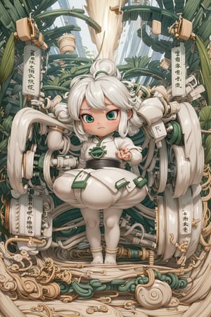 detailed illustration, kusanali,kid, white hair,white dress, green eyes,hair ornament, blush, full body, scenery, jungle ,32,高清,White Pantyhose,machinery,, Mecha,, , , , , ,cartoon ,real