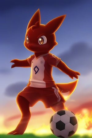 solo, standing, outdoors, sky, cloud, signature, blurry, pokemon \(creature\), no humans, watermark, cloudy sky, fire, ball, soccer ball, deviantart username, soccer