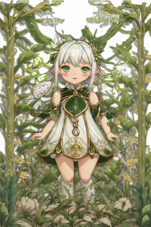 detailed illustration, kusanali,kid, white hair,white dress, green eyes,hair ornament, blush, full body, scenery, jungle ,32,高清,White Pantyhose,machinery,, Mecha,, , , , , ,cartoon ,real