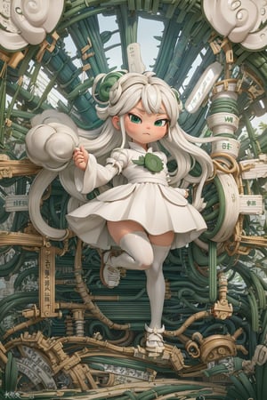 detailed illustration, kusanali,kid, white hair,white dress, green eyes,hair ornament, blush, full body, scenery, jungle ,32,高清,White Pantyhose,machinery,, Mecha,, , , , , ,cartoon ,real