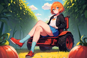 best quality,((1girl, solo)),fullbody, light blue eyes,(light orange hair),short hair,flat chest,glasses,blue hoddie,blue skirt, red shoes,(black socks),((sit,crossed legs))
(farm, tractor,tomato plantation. corn plantation,watermelon plantation)
,cupa_minecraft