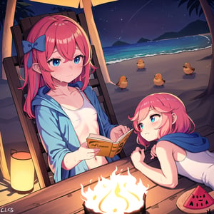 upper body, filo, embarrassed,,solo, 1girl,alone,loli,small body,closed mouth
(white and blue swimsuit,blue bow, light cloak,revealing clothes), reading a book,looking the sky,
(long hair, blue eyes, parted bangs, filo,multicolor hair,red hair,pink hair,purple hair,blonde hair, filo, 
lying),( birds),water melon, cooking,
(beach,water shot, water,wet, campfire, beach chair,night),
cupa_minecraft,cls_chibi,