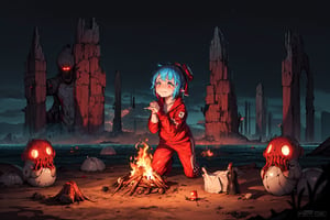 ((1girl,fullbody,scared,crying,
surprised)),knife in the hand, knife,cold,ice,frozen,
((multicolored hair, blue hair, black hair)),
rocket in the sky,
(short jogging suit,black pantihose,blue blazer, red headband,wet),
(campfire,),eat a meat, human meat
other world, in the desert,red desert,desert ruins,evening,dark,red sand, no life,red fog,red thick fog,red smoke,dry trees,mist, camp, in a camp,day, pilars,
(((ocean))),((((mist)))),[rocket, in a rocket],
(aliens in the distance,aliens,shadow monster in the distance,shadow looking the girl,shadow with eyes,two head monster, angry),
heads smiling with tears,bones,
,no_humans scenery,milky_way,starry,cls_chibi,mcnsfw