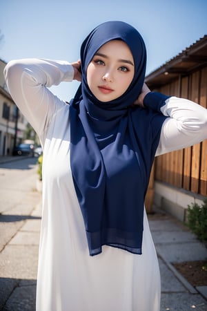 (full body), masterpiece, full body, hourglass body shape, beautiful symmetrical face, perfect mouth shape, Bright sky blue eyes, curly eyelashes, expression graceful and charming, ((hot pose, hand behind head)), ( wearing a hijab), like a model, faint smile, very detailed, bright, (adul content background) , photoshot, photography, realistic, hd, 4k,realistic, cowboy_shot