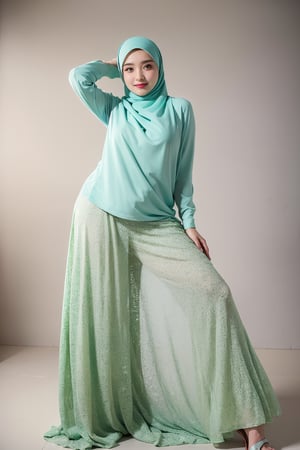 (full body), masterpiece, apple body shape, beautiful round face, bright smile Charming green eyes, long eyelashes, expression full of warmth and cheerfulness, ((hot pose, hand behind head)), ( wearing a hijab), like a model, faint smile, very detailed, bright, (adul content background) , photoshot, photography, realistic, hd, 4k,realistic, cowboy_shot