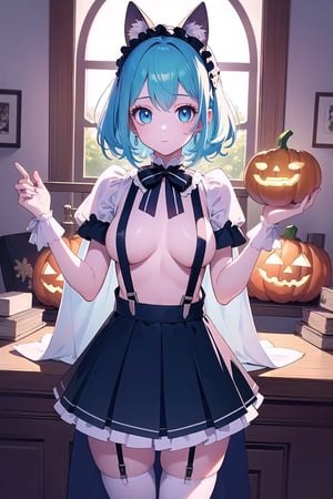 (Detailed illustrations, very detailed and detailed drawings, delicate drawn lines with slow and fast movements, realistic texture expression), [Color-trace main lines], [[Skull Moon] Midnight Graveyard [[Ghost]]],[ HENTAI] kawaii ((anime) Girl (Pretty) 13 years old [SKINNY [morbid]]) (light blue hair [trimmed bangs]) ((magical girl) pumpkin [jack o'lantern]),([bat] head Dress) (Ripped and holey cape Dress shirt (Lace (Ruffles) Ribbon)] (Suspenders) [Black culotte skirt] [Lace fabric: 0.8]) [[Eyeball accessories]] [ [Seams] [Seams] [Eyepatch Bandage Bandage]], Transparency [Soft ambient light] Gravure [[Halloween]] [Colorful], (Intricate and beautiful decoration [Dense details]), (Delicate and beautiful skin Expression [transparency]), [Perfect eye details (iris beautifully drawn in detail) [jewel-like eyes]], [Long and beautiful eyelashes], [Detailedly drawn hair [light and light]] [Details of shiny hair]],(Details of perfect hands [Beautiful finger with no breakage [Beautiful nails]]),(Perfect anatomy (perfect proportions)) [[Full body image]], [Ideal color coordination (accurate simulation of the interaction of light and materials)], (HighQuality, [Precise detail] High resolution, (Details, High definition)), [[Pale watercolor]] [Gives a sense of story Visual Art] [[Natural Eros]].,nsfw,boobs,naked,against glass,skirt,zettai_ryouiki,white socks,((white zettai ryouiki))