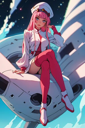 (best quality, masterpiece), 1girl, looking at viewer, blurry background, contemporary, dress, pink long hair,space,zettai ryouiki,zero two,pantie,white marine hat