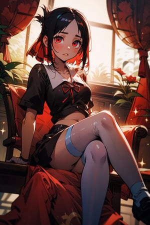 One woman ,18 age,  big breasts,
black hair , bangs , relax face,close mounth , full-body_portrait , crossed_legs_(sitting) , sitting on a chair,nudity,nsfw,kaguyashinomiya, ,kaguya shinomiya, folded ponytail, forehead, hair ribbon, (red eyes:1.5), red ribbon, ribbon, short hair, sidelocks, (small breast:1.2),BREAK black dress, dress, pinafore dress, school uniform, shirt, short sleeves, shuuchiin academy school uniform, white shirt,BREAK looking at viewer,BREAK indoors, classroom,BREAK , (masterpiece:1.2), best quality, high resolution, unity 8k wallpaper, (illustration:0.8), (beautiful detailed eyes:1.6), extremely detailed face,belly button,knee socks,(best quality),boobs,belly button,nsfw,naked