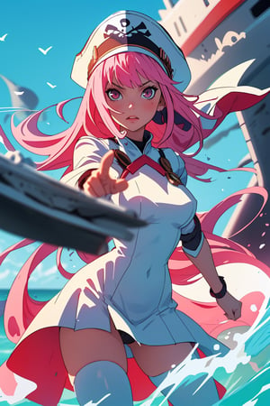 (best quality, masterpiece), 1girl, looking at viewer, blurry background, contemporary, dress, pink long hair,pirates,ship,sea,zettai ryouiki,zero two,pantie,white marine hat,war,explosions