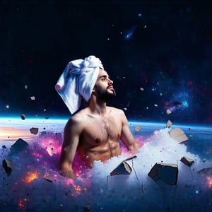 a man wearing a towel, floating, floating in the universe, destroyed universe, divine image, masterpiece, realistic, ultra realistic, ultra detailed, cinematic lighting