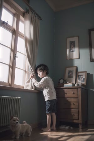 (solo),  (anime,  8k,  masterpiece,  top quality,  best quality and aesthetic:1.2,  professional illustrasion:1.1,  ultra detail:1.3,  perfect lighting),  extremely detailed,  highest detailed,  incredibly absurdres,  highres,  ultra detailed,  intricate:1.6,  Little boy, watching the window, bright room, toys in the room, looking under the window, cinematic lighting, serene vibe