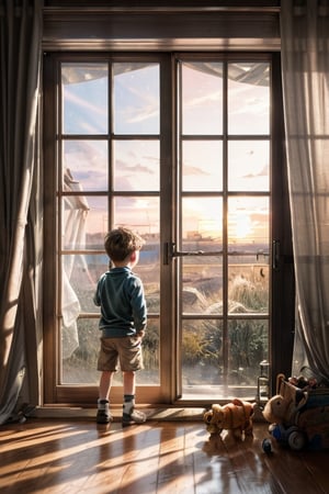 (solo),  (,8k,  masterpiece,  top quality,  best quality and aesthetic:1.2,  professional illustrasion:1.1,  ultra detail:1.3,  perfect lighting),  extremely detailed,  highest detailed,  incredibly absurdres,  highres,  ultra detailed,  intricate:1.6,  (((Little boy))), watching the window, bright room, toys in the room, looking under the window, serene vibe, Detailed window, nature in the window, natural light, sunlight through the window, (((big curtains, curtains in the wind))), (((Late afternoon lighting))), Ultra detailed room, (((realistic))), (((sunset lighting))), (((Late afternoon)))