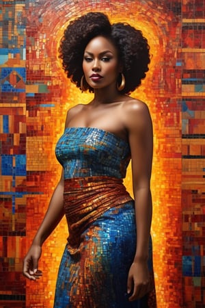 portrait A Photograph: Lady black woman, standing fiercely amidst a vivid mosaic of fiery tones, emanating strength in vibrant brushstrokes.