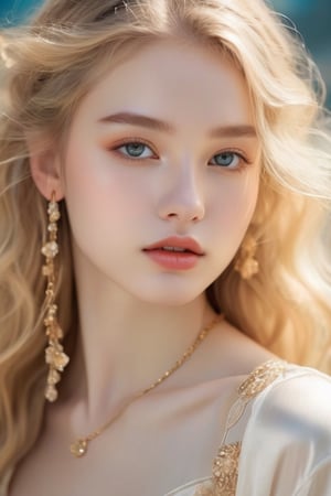 A Photograph: Illuminate a porcelain-skinned girl with golden tresses, bathed in ethereal hues. Radiant innocence amidst dreamscape entwined in soft hues,High detailed ,perfecteyes