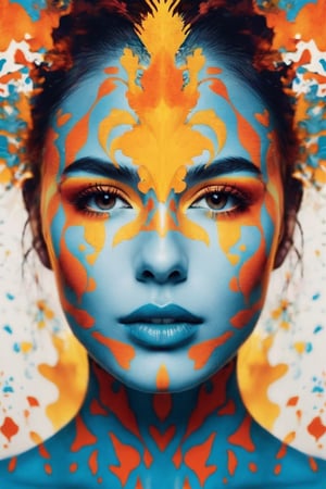 A photograph capturing the mesmerizing beauty of a woman's face, merging with a vibrant Rorschach inkblot, revealing a kaleidoscope of emotions.