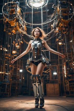 color photo of a mesmerizing robotic girl, surrounded by suspended components, captured in a cinematic shot. The photo showcases the girl's ethereal beauty and intricate robotic features. Suspended in mid-air, the components appear to float around her, creating a sense of wonder and mystery. The cinematic composition adds a touch of drama and storytelling to the image, inviting viewers to imagine the narrative behind this captivating scene.