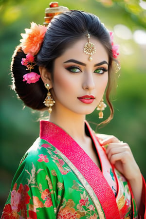  color photo of a Pakistani girl, with a slender nose, adorned in a captivating geisha-inspired style. Her mesmerizing green eyes captivate the viewer, drawing them into her world. She wears a vibrant and colorful kimono, beautifully showcasing the rich cultural heritage of Pakistan. The fusion of Pakistani and Japanese influences creates a unique and enchanting aesthetic, celebrating the beauty of diversity and cross-cultural exchange