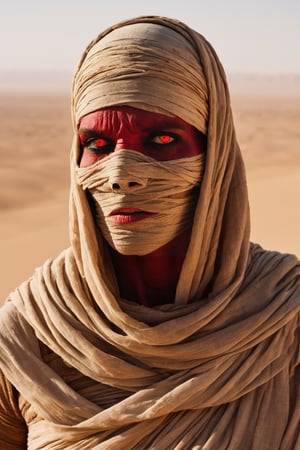 color photo of a cinematic portrait featuring a mummy with striking red eyes, set against the backdrop of a vast desert. The mummy, wrapped in ancient bandages, exudes an aura of mystery and intrigue. Its red eyes glow with an otherworldly intensity, capturing the viewer's attention and drawing them into its enigmatic gaze.,Movie Still