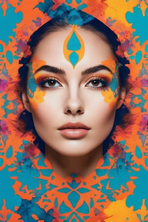 A photograph capturing the mesmerizing beauty of a woman's face, merging with a vibrant Rorschach inkblot, revealing a kaleidoscope of emotions.
