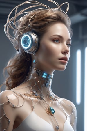 color photo of a mesmerizing robotic girl, surrounded by suspended components, captured in a cinematic shot. The photo showcases the girl's ethereal beauty and intricate robotic features. Suspended in mid-air, the components appear to float around her, creating a sense of wonder and mystery. The cinematic composition adds a touch of drama and storytelling to the image, inviting viewers to imagine the narrative behind this captivating scene.,aw0k