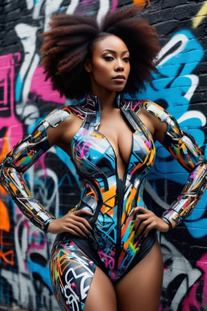 portrait A Photograph: A 3D cyborg black woman donning a vivid cloth dress, its body organic and curvaceous, covered in dynamic graffiti, creating a futuristic, kinetic masterpiece.