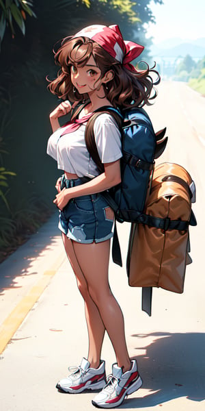 ((((fashion 90's))), (((lovely smile))), ((((90's anime art style))) (((90´s hairstyle))) 1girl, young, (((25 years age))), Short stature, 1.70 mts stature, relaxed face and attitude, (summer) ((((wavy brown hair)))) ((((backpack hiker)))) (((on the road doing autostop))) (((front view))) (((autosop))) (((denim shorts))) patern shirt tied to chest, big breast, ((bandana on hair)), white sneakers, no socks, dynamic and visually striking appearance, outfit, posing, front, colorful, dynamic, background, 