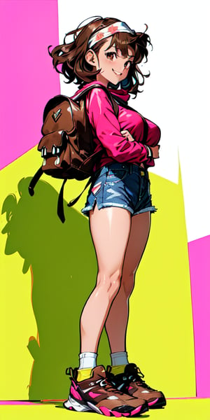 ((((fashion 90's))), (((lovely smile))), ((((90's anime art style))) (((90´s hairstyle))) 1girl, young, (((25 years age))), Short stature, 1.70 mts stature, relaxed face and attitude, (summer) ((((wavy brown hair)))) ((((backpack hiker)))) (((on the road doing autostop))) (((front view))) (((autosop))) (((denim shorts))) patern shirt tied to chest, big breast, ((bandana on hair)), white sneakers, no socks, dynamic and visually striking appearance, outfit, posing, front, colorful, dynamic, background, 