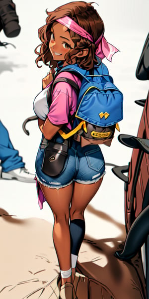 ((((fashion 90's))), (((lovely smile))), ((((90's anime art style))) (((90´s hairstyle))) 1girl, young, (((25 years age))), Short stature, 1.70 mts stature, relaxed face and attitude, (summer) ((((wavy brown hair)))) ((((backpack hiker)))) (((on the road doing autostop))) (((front view))) (((autosop))) (((denim shorts))) patern shirt tied to chest, big breast, ((bandana on hair)), white sneakers, no socks, dynamic and visually striking appearance, outfit, posing, front, colorful, dynamic, background, ,doggystyle