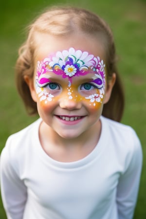 Photography hyper realistic, front view, outdoors, portrait, from above, white dress long sleeves, standing, sunny day, photo of a girl 8 year-old, blond hair, thick eyebrows, look away, very long hair, hair ornament, (facepaint:1), princess makeup, with her face painted, smiling,photorealistic