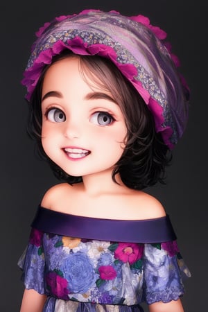 photorealistic, upper body, stand, 1girl 7 year-old, (smile, happy, grin, open mouth, beautiful gray eyes), thick eyebrows (Turbant:1.2), super detailed skin texture, looking at viewer, black hair, off shoulder floral dress bright and very colorful, silver blue, photo studio, dark simple blurred background, perfectly illumination,turbant