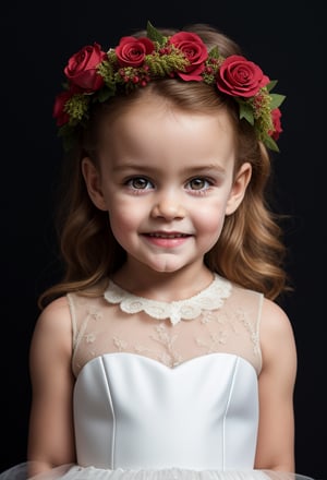 photorealistic, upper body, stand, little girl 5 year-old, realistic eyes, perfect eyes, communion dress, super detailed skin texture,  looking at viewer, blond messy Wavy long Hair, real flowers crown, red flowers, tulle ruffle collar, lace border, tulle cuffs, bows, photo studio, dark simple blurred background, perfectly illumination, still raw,rfc