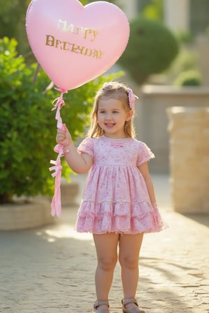 photorealistic, realistic, of photo a high quality of a 8 year-old child, happy smile, standing, front view, (((Wide angle, full body shot)))(looking at viewer:1.2),(ljesusito dress) crisp sharp eyes, Ruffle, fluffy, (classic brown Flats Mary Janes)(very long hair:1.2), blonde wavy hair, (hairclip:1.2), pale skin, Giant Gunnera manicata with intense afternoon sunlight, high definition, 24mm lens, bold shadows, rich textures She holds a pink balloon that says in elegant gold letters "HAPPY BIRTHDAY",Enhanced all, jesusito