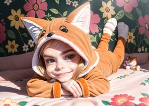 cara delevingne toddler, smiling happy, photography from above, (( suit fox costume plush)) indirect lighting, lying down on back on bed, ((room floral wallpaper background)), (full body)