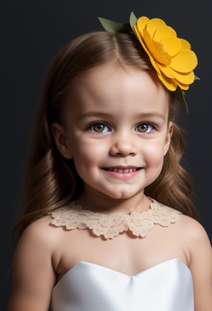 photorealistic, upper body, stand, little girl 5 year-old, realistic eyes, perfect eyes, communion dress, super detailed skin texture,  looking at viewer, blond messy Wavy long Hair, real flowers crown, yellow flowers, tulle ruffle collar, lace border, tulle cuffs, bows, photo studio, dark simple blurred background, perfectly illumination, still raw,rfc