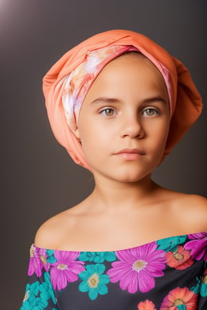 photorealistic, upper body, stand, 1girl 17 year-old, thick eyebrows (Turbant:1.2), super detailed skin texture, looking at viewer, black hair, off shoulder floral dress bright and very colorful, silver blue, photo studio, dark simple blurred background, perfectly illumination,turbant