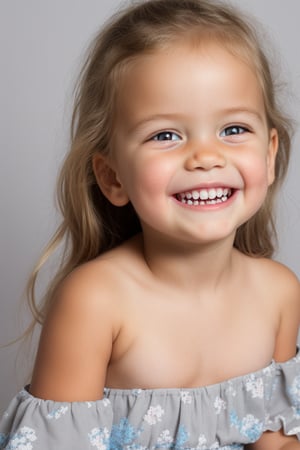 photorealistic, portrait, upper body, stand, 1girl 7 year-old, thick eyebrows, (smile, happy, grin, open mouth, beautiful gray eyes) missing teeth, super detailed skin texture, looking at viewer, blond hair, long hair, off shoulder floral dress bright and very colorful, silver blue, photo studio, dark simple blurred background, perfectly illumination,