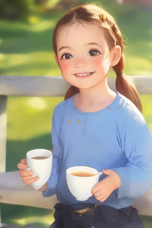 1girl, portrait, (cowboy shot) realistic, little girl, smile, ((ltt, long messy hair, low twin ponytails)), hair bow, upper body, outdoor,  holding Cup of tea,  sunny day, blurry background,LTT,low twin tails,low tails,low twin Braids,Realistic